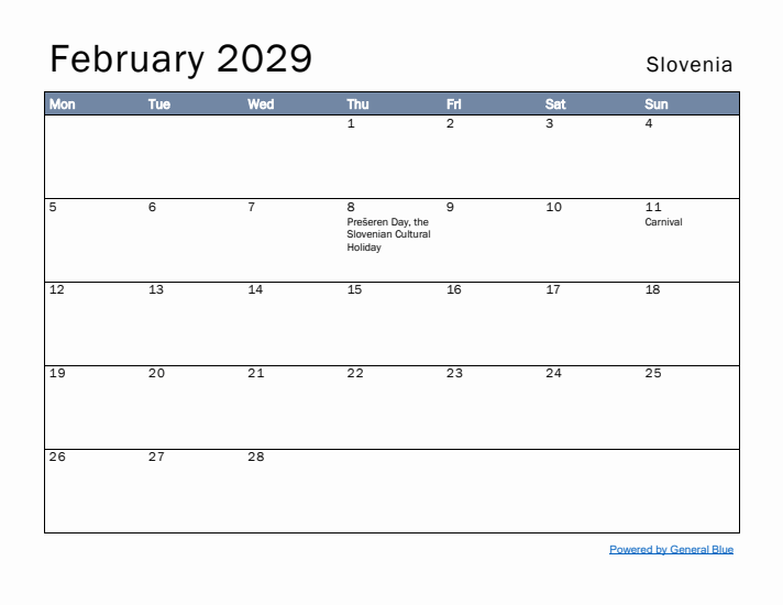 February 2029 Simple Monthly Calendar for Slovenia