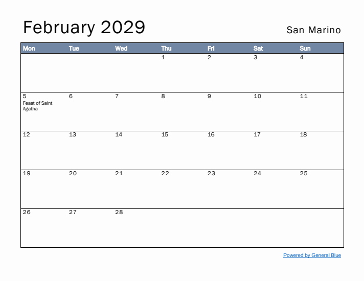 February 2029 Simple Monthly Calendar for San Marino