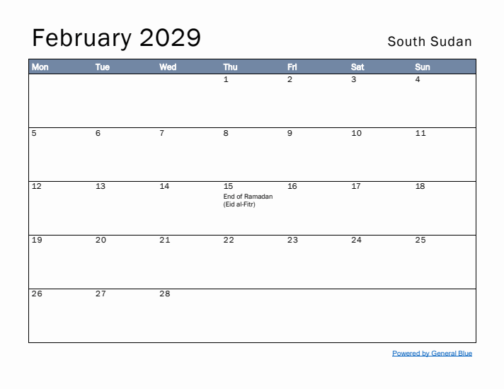 February 2029 Simple Monthly Calendar for South Sudan