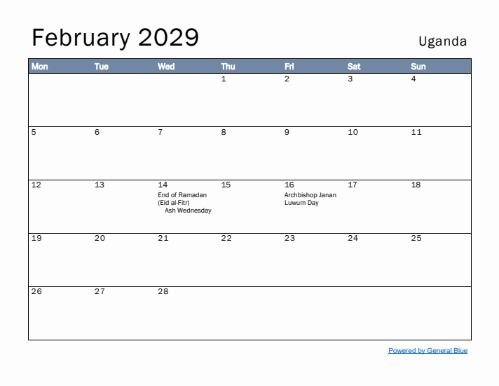 February 2029 Simple Monthly Calendar for Uganda