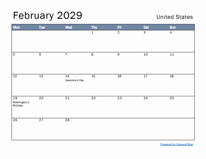 February 2029 Simple Monthly Calendar for United States