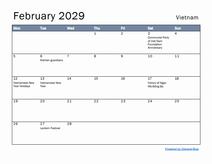 February 2029 Simple Monthly Calendar for Vietnam