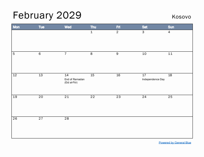 February 2029 Simple Monthly Calendar for Kosovo