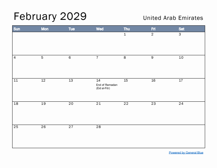 February 2029 Simple Monthly Calendar for United Arab Emirates