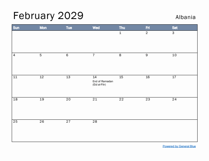 February 2029 Simple Monthly Calendar for Albania