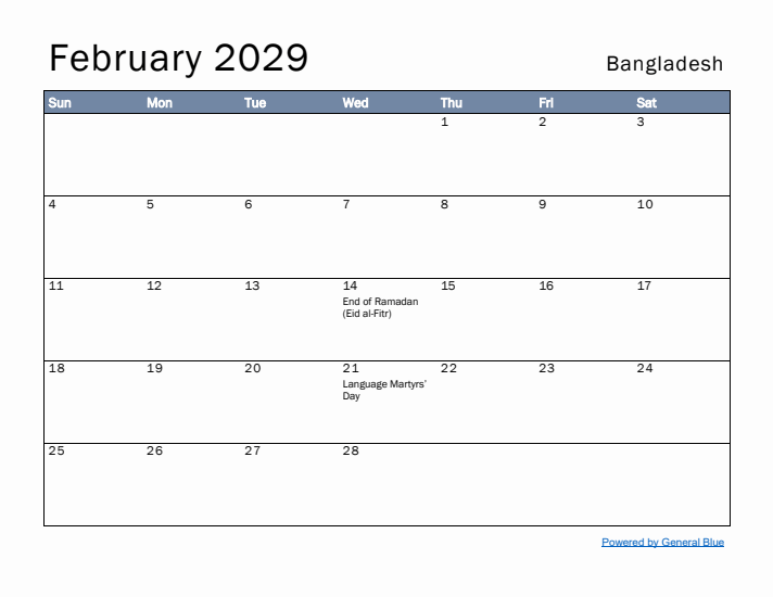 February 2029 Simple Monthly Calendar for Bangladesh