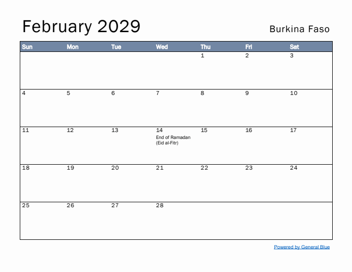 February 2029 Simple Monthly Calendar for Burkina Faso