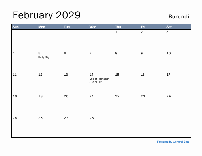 February 2029 Simple Monthly Calendar for Burundi