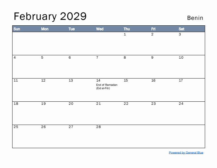 February 2029 Simple Monthly Calendar for Benin