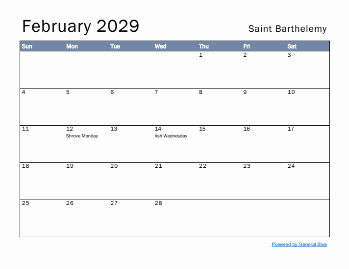 February 2029 Simple Monthly Calendar for Saint Barthelemy