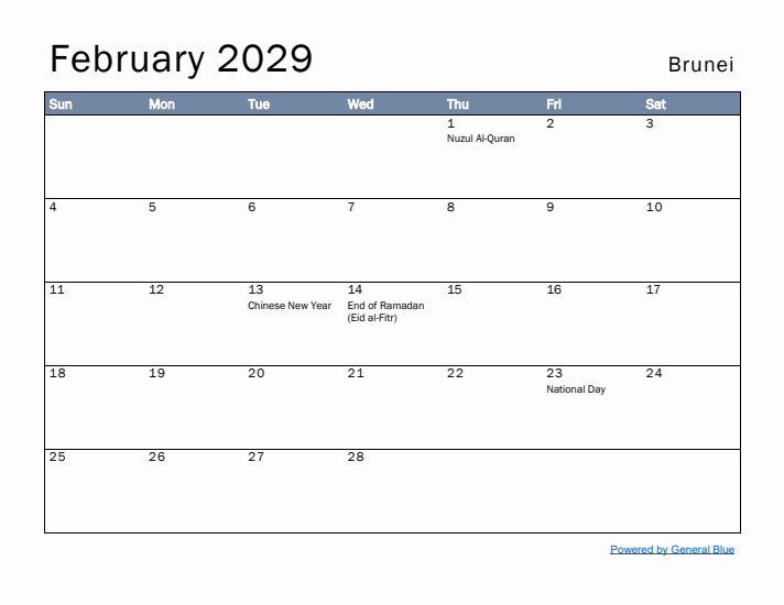 February 2029 Simple Monthly Calendar for Brunei