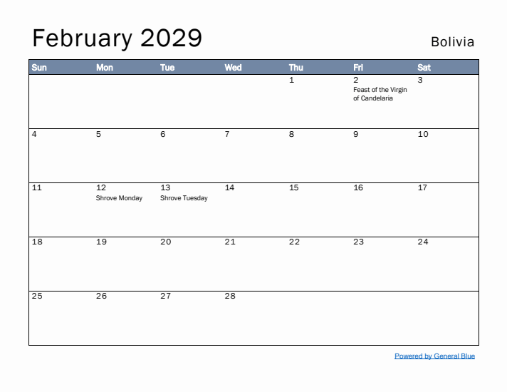 February 2029 Simple Monthly Calendar for Bolivia