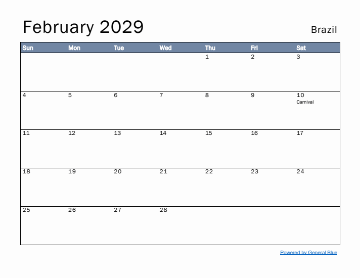 February 2029 Simple Monthly Calendar for Brazil