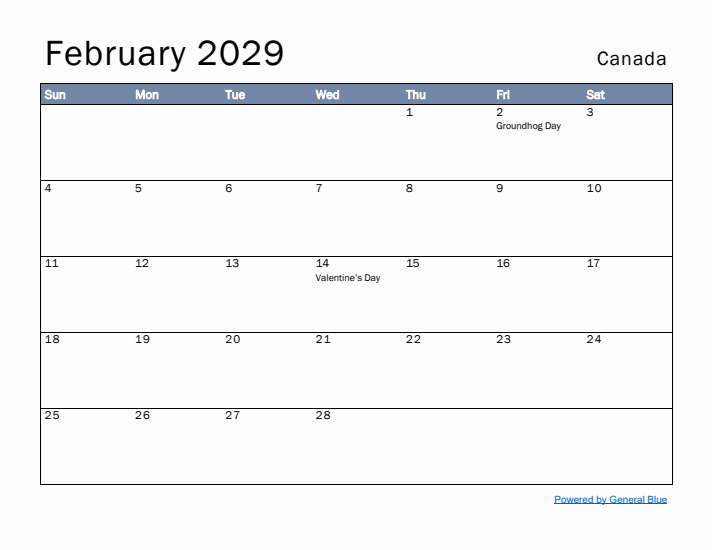 February 2029 Simple Monthly Calendar for Canada