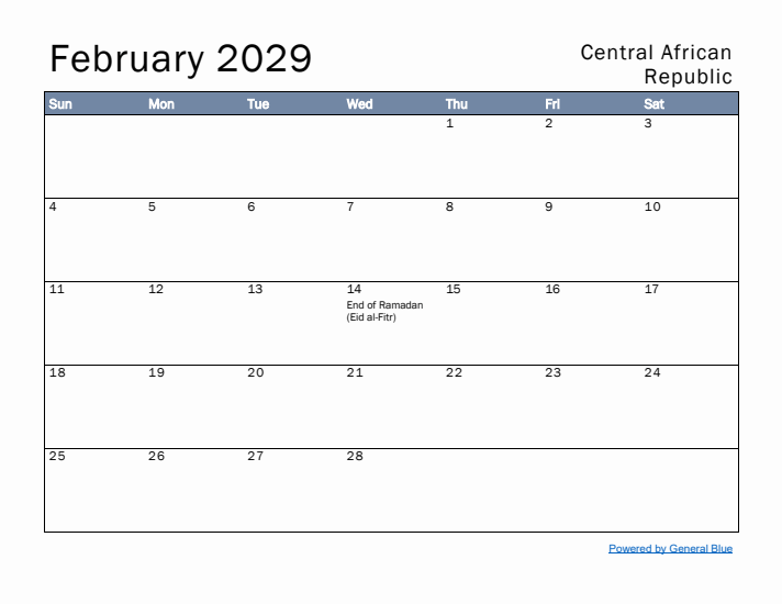 February 2029 Simple Monthly Calendar for Central African Republic