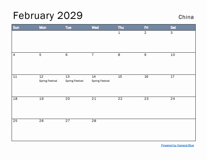 February 2029 Simple Monthly Calendar for China