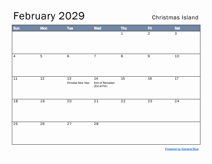 February 2029 Simple Monthly Calendar for Christmas Island