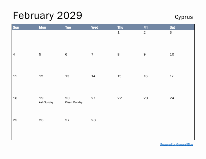 February 2029 Simple Monthly Calendar for Cyprus