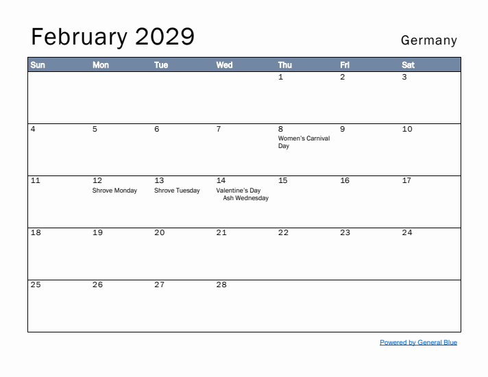 February 2029 Simple Monthly Calendar for Germany