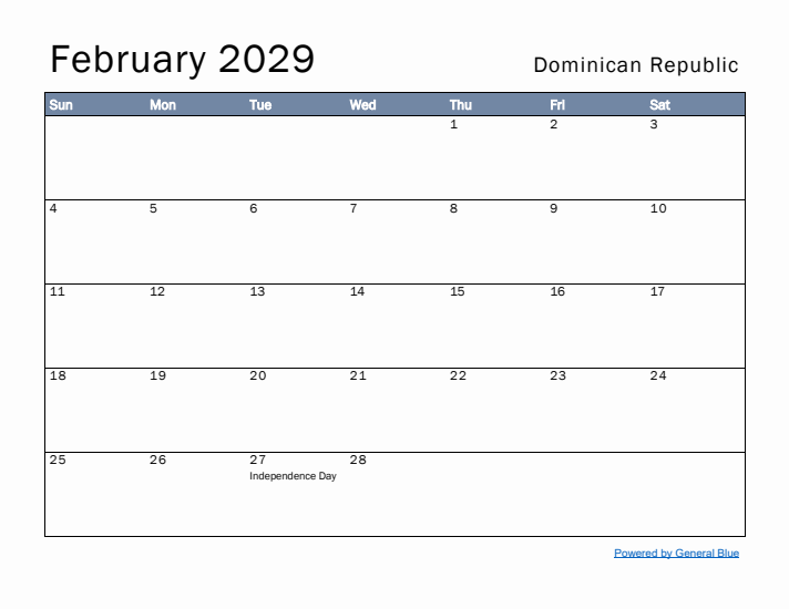 February 2029 Simple Monthly Calendar for Dominican Republic