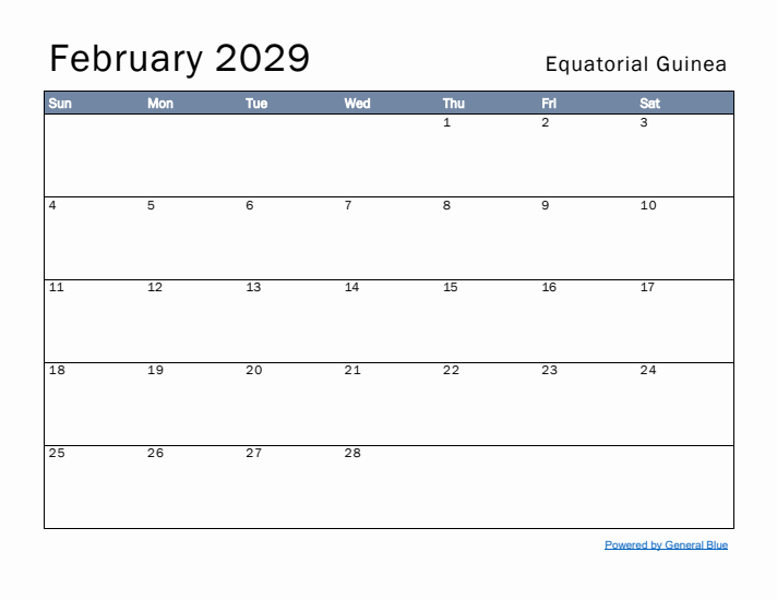 February 2029 Simple Monthly Calendar for Equatorial Guinea