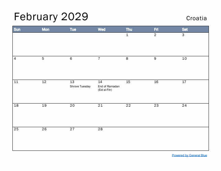 February 2029 Simple Monthly Calendar for Croatia