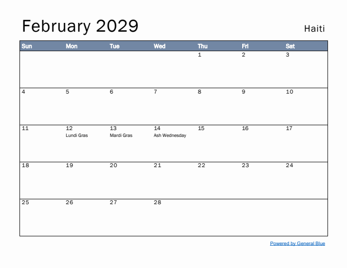 February 2029 Simple Monthly Calendar for Haiti