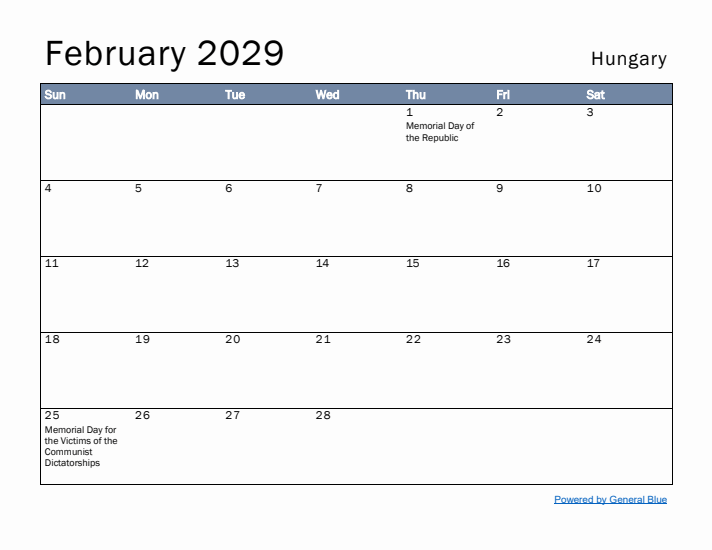 February 2029 Simple Monthly Calendar for Hungary