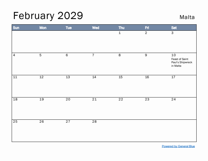 February 2029 Simple Monthly Calendar for Malta