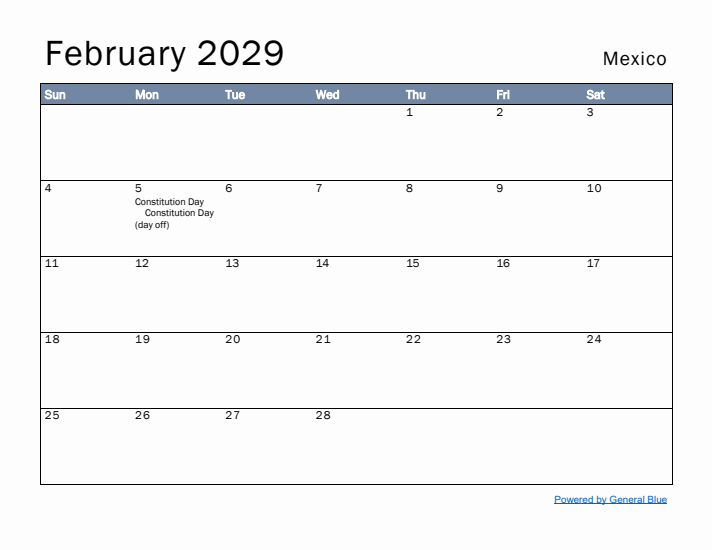 February 2029 Simple Monthly Calendar for Mexico