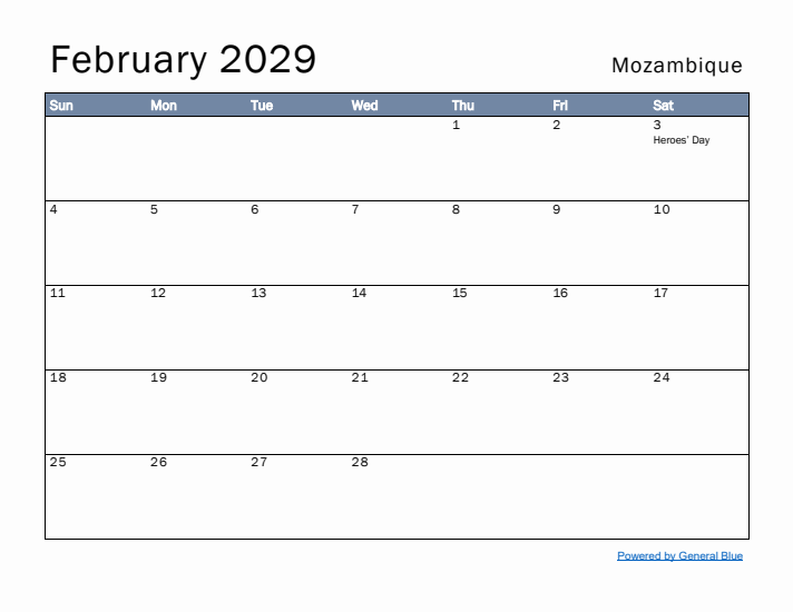 February 2029 Simple Monthly Calendar for Mozambique