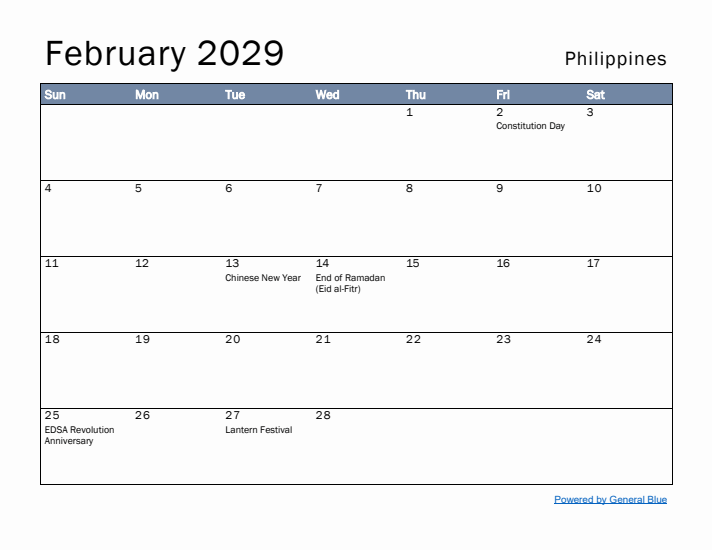 February 2029 Simple Monthly Calendar for Philippines