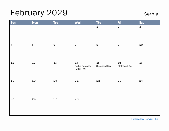 February 2029 Simple Monthly Calendar for Serbia