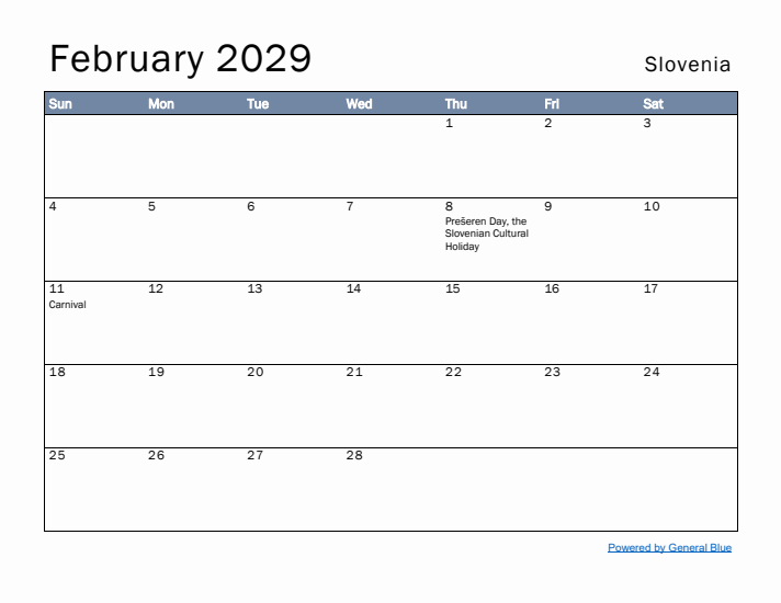 February 2029 Simple Monthly Calendar for Slovenia