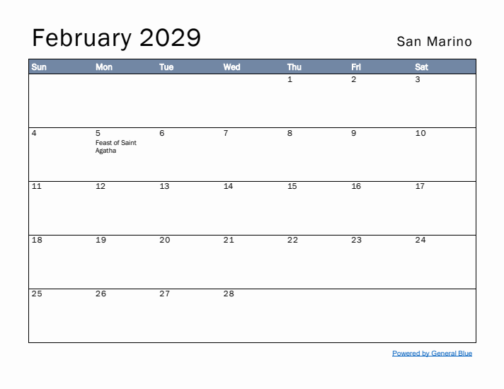 February 2029 Simple Monthly Calendar for San Marino