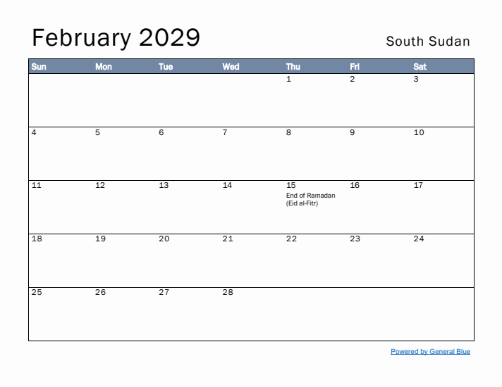 February 2029 Simple Monthly Calendar for South Sudan