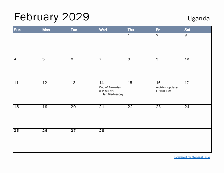 February 2029 Simple Monthly Calendar for Uganda