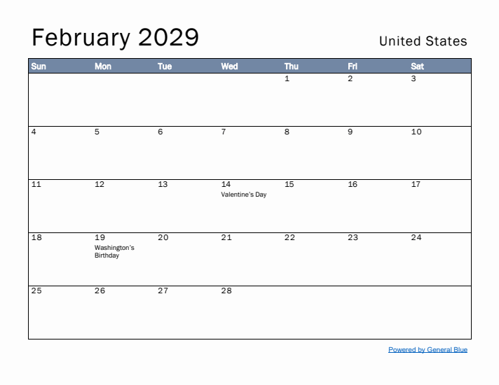 February 2029 Simple Monthly Calendar for United States