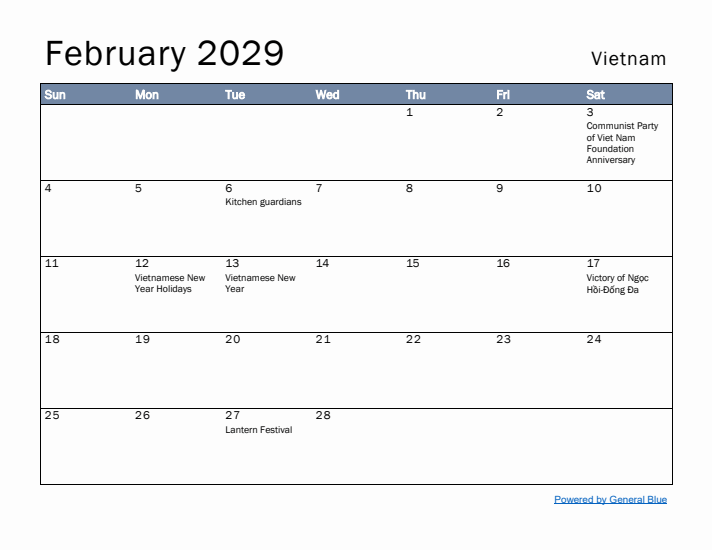 February 2029 Simple Monthly Calendar for Vietnam