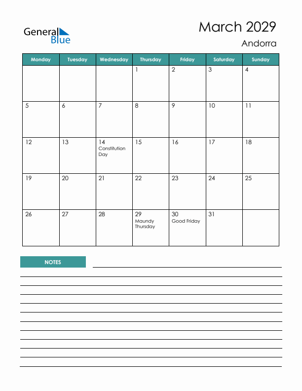 Calendar with Notes Printable - Monday Start