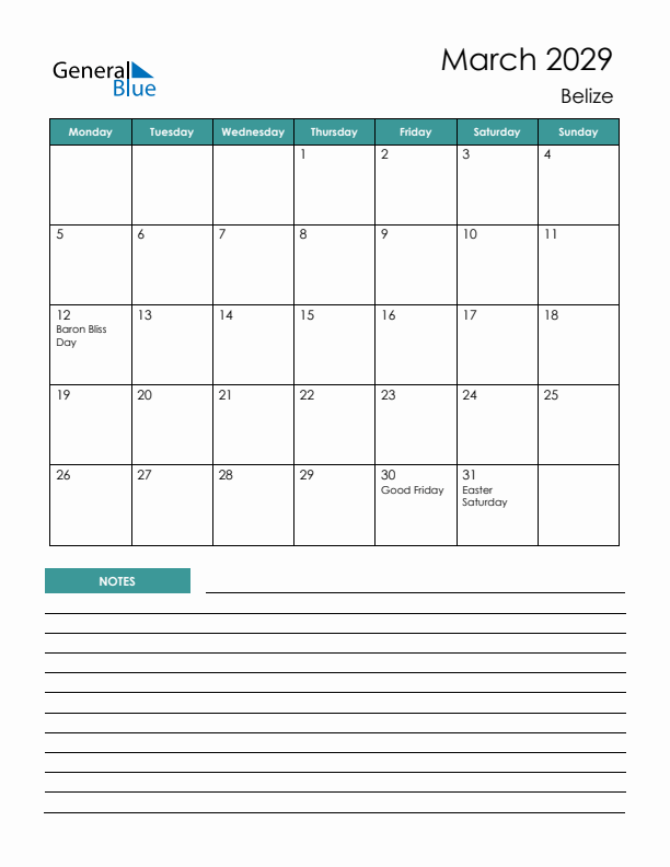 Calendar with Notes Printable - Monday Start