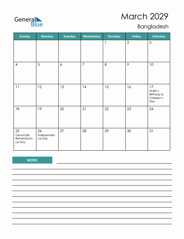 Calendar with Notes Printable - Sunday Start