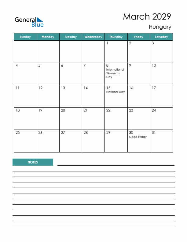 Calendar with Notes Printable - Sunday Start