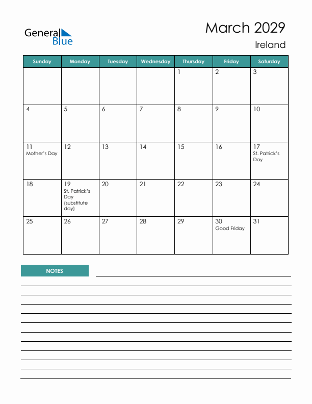 Calendar with Notes Printable - Sunday Start