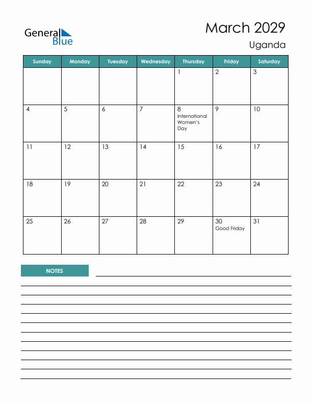 Calendar with Notes Printable - Sunday Start