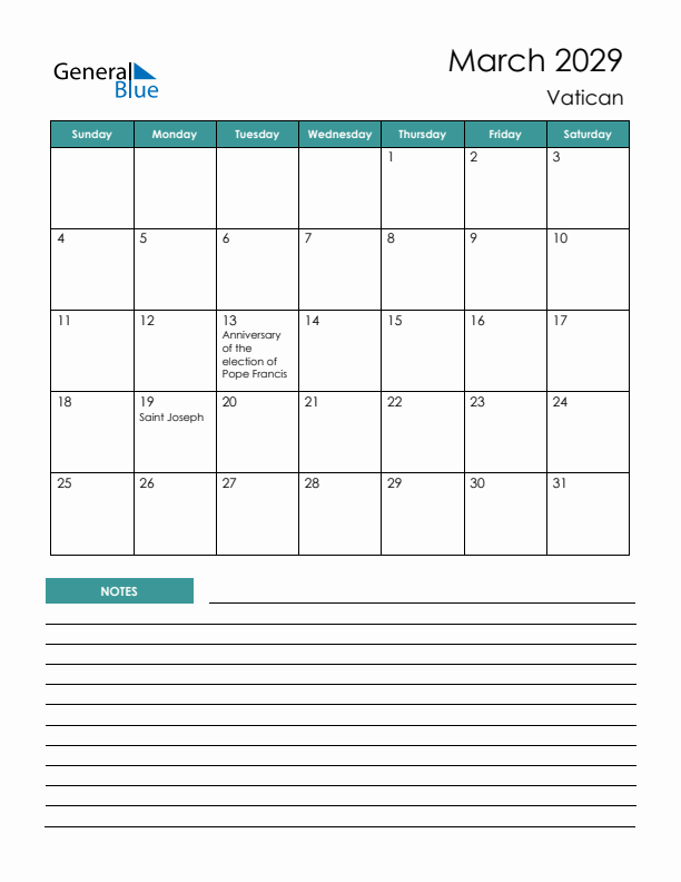 Calendar with Notes Printable - Sunday Start