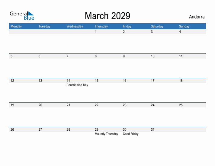 Fillable March 2029 Calendar