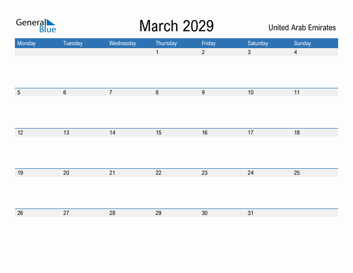 Fillable March 2029 Calendar