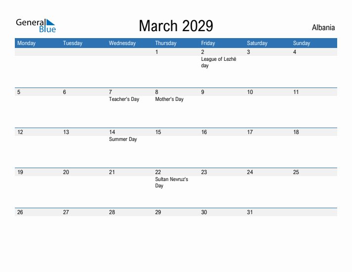 Fillable March 2029 Calendar