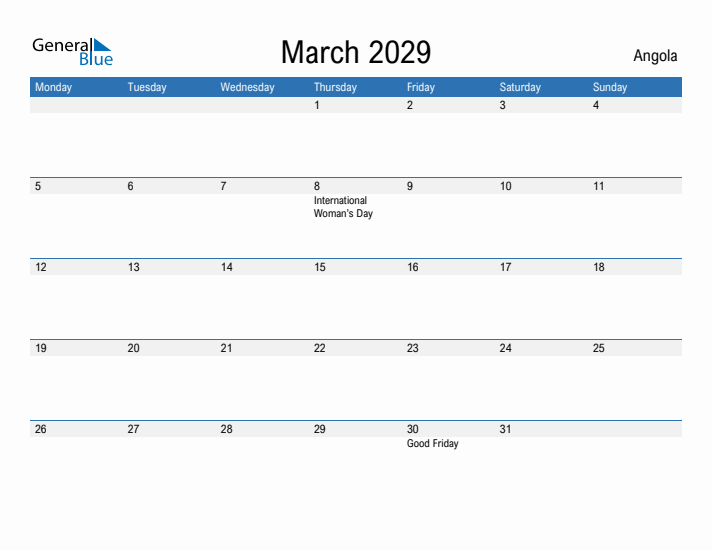 Fillable March 2029 Calendar